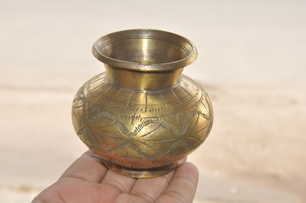 Vintage Brass Solid Inlay Engraved Handcrafted Small Water Pot