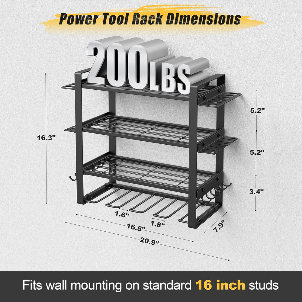 4 Tier Wall Mount Power Tool Organizer Rack with 8 Drill Holders