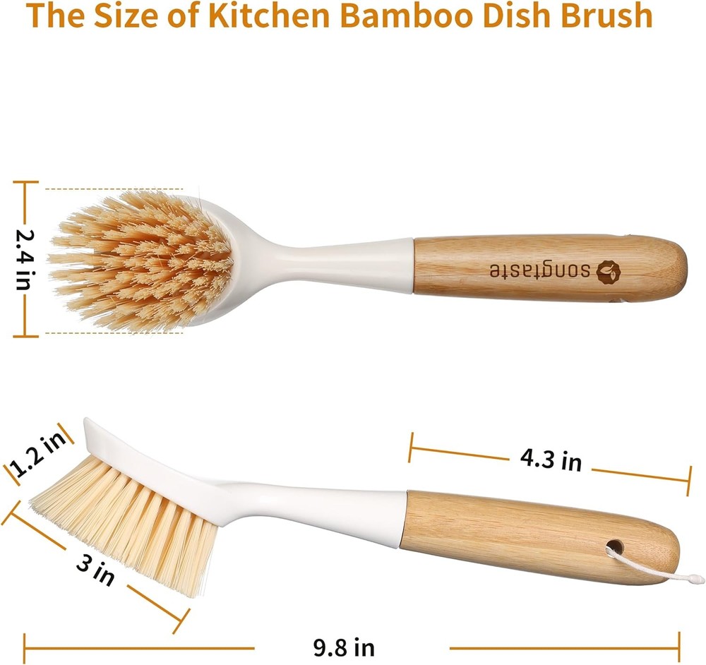 2 Pack Kitchen Dish Brush Bamboo Handle Dish Scrubber Built-in Scraper, Scrub