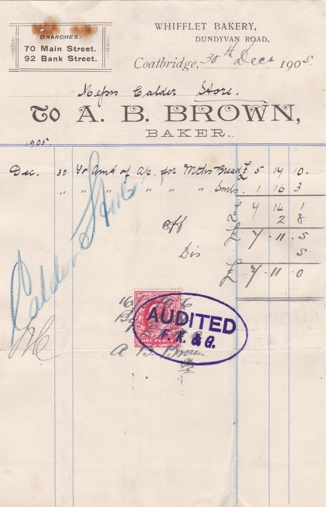 A. B. BROWN, Dundyvan Road, Coatbridge 1905 Baker Goods Stamp Invoice Ref 48347