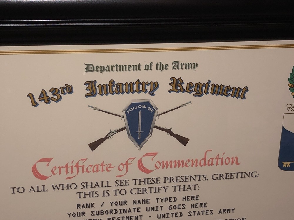 143RD INFANTRY REGIMENT / COMMEMORATIVE - CERTIFICATE OF COMMENDATION