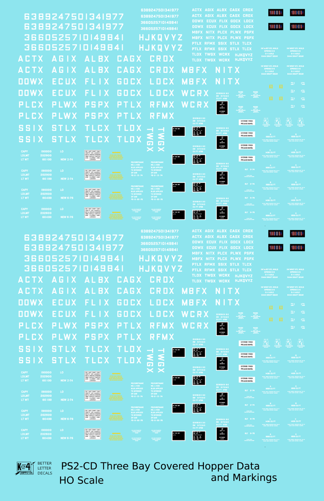 K4 HO Scale Decals White PS2-CD 4750 Cu Ft Covered Hopper Dimensional Data Set