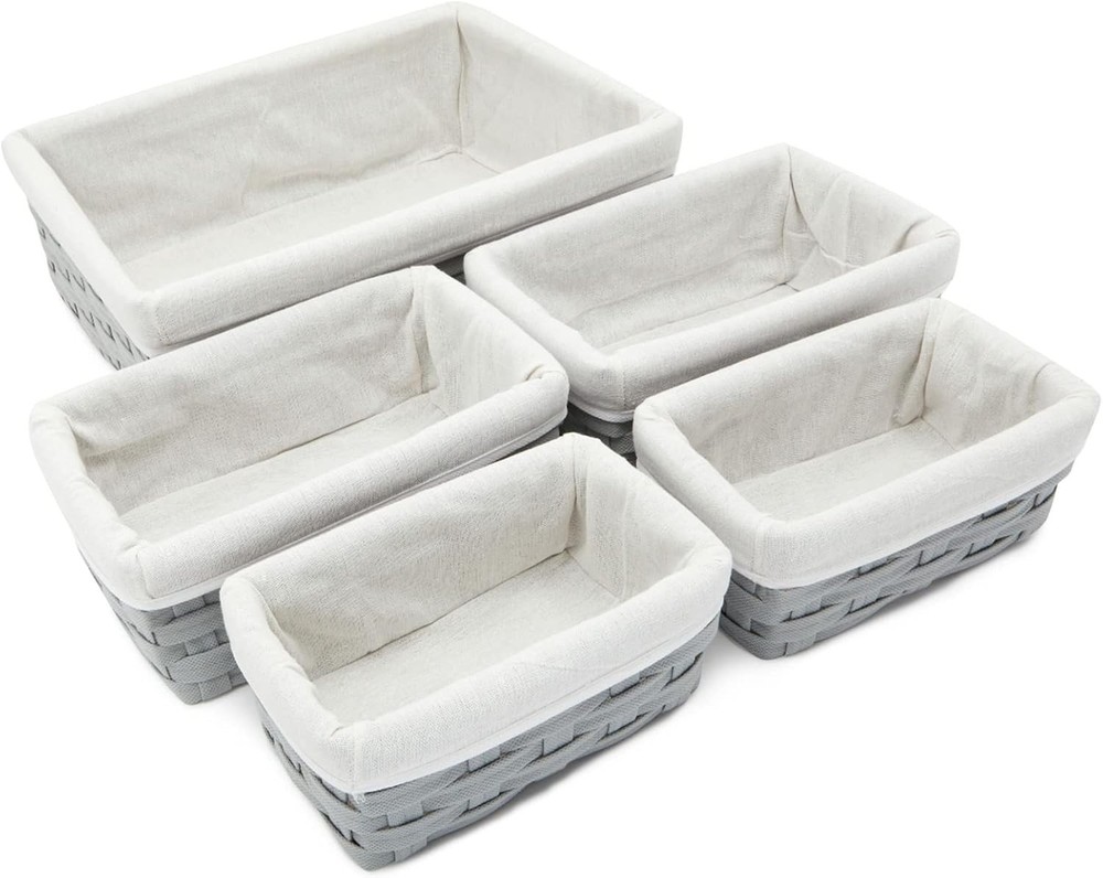 Wicker Nesting Baskets W/ Cloth Lining 5-Pack Gray Rectangular Set Stackable