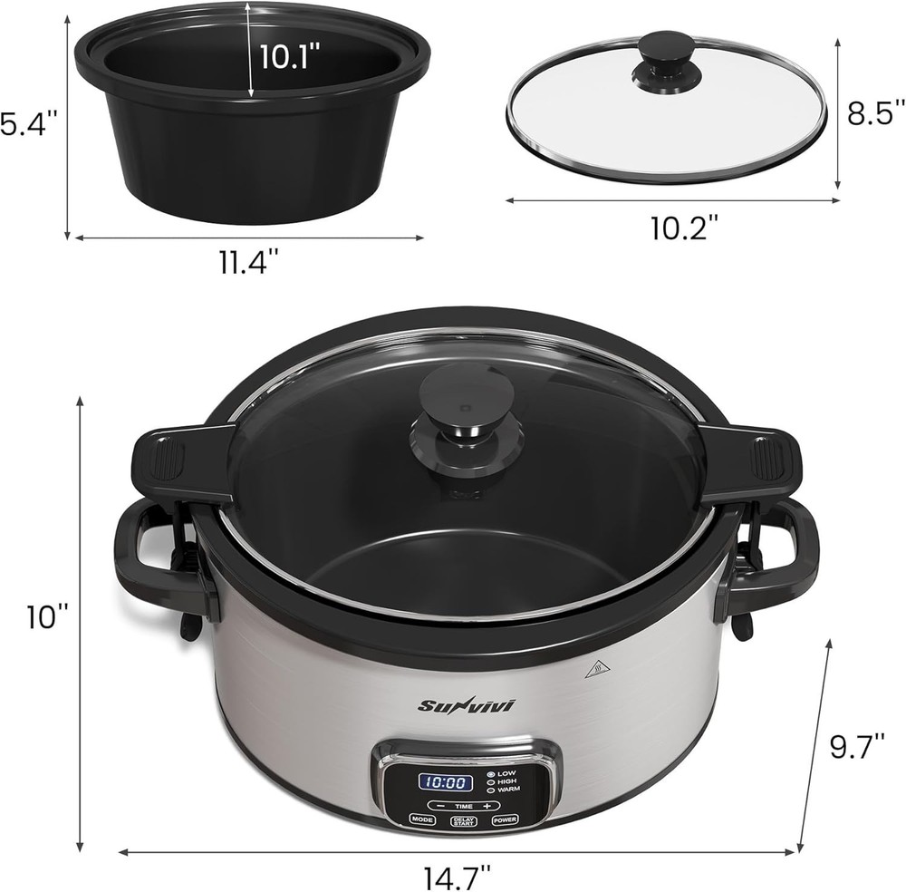 4QT Programmable Slow Cooker with Locking Lid, Removable Ceramic Pot, 3 Heati...