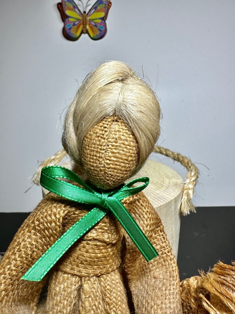 Vintage Burlap Figures Sitting On Real Log