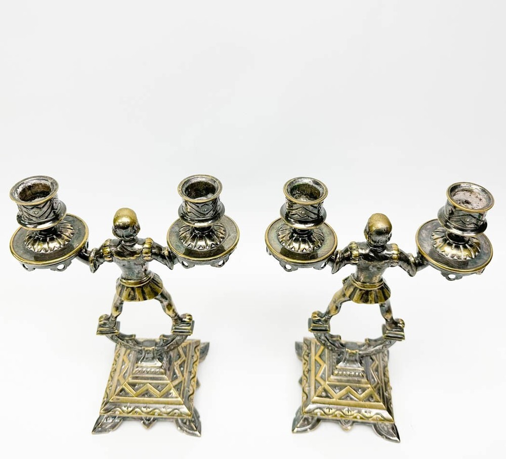 Pair Figural Squires Silver Plate Candlestick Holders circa 1900