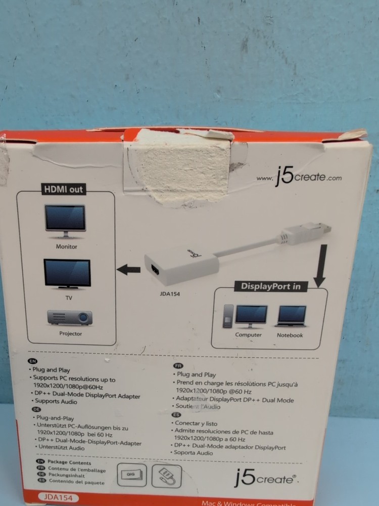 J5 Create Display Port to HDMI Adapter Cable White Jda154