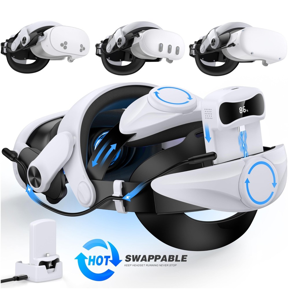 Comfortable VR Headset Strap with 15000mAh Battery & Charger Dock - Adjustable,