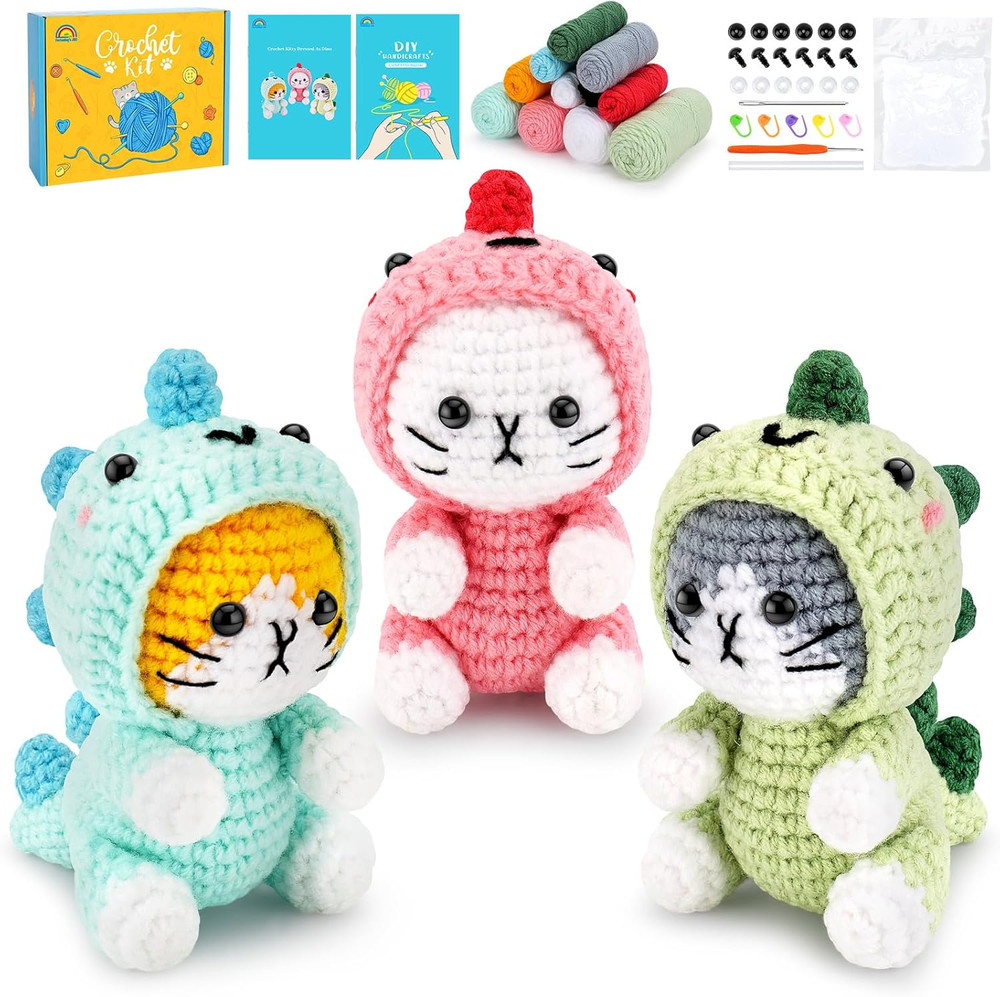 Crochet Kit for Beginners - 3 PCS Dinosaur Cat Crochet Kits with Step-By-Step Vi