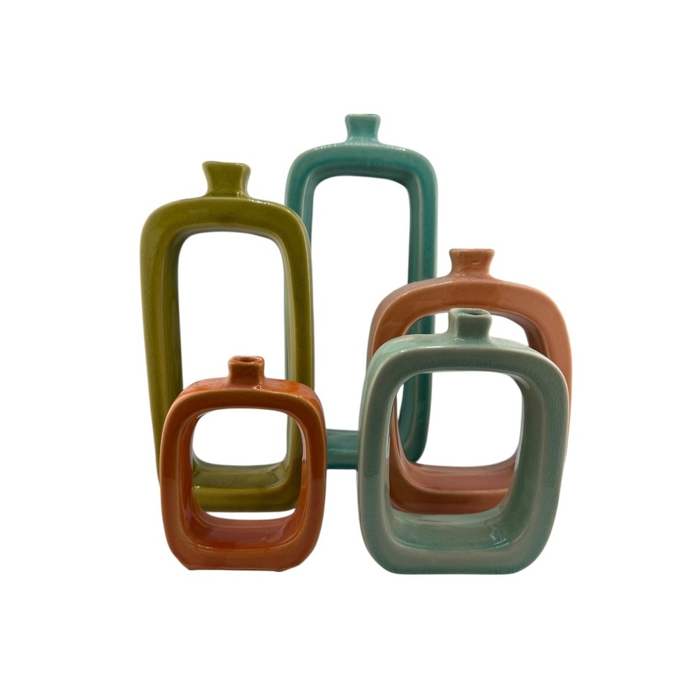 Earth-Tone Ceramic Donut Vases – Set of 5 Rectangular Sculptural Decor