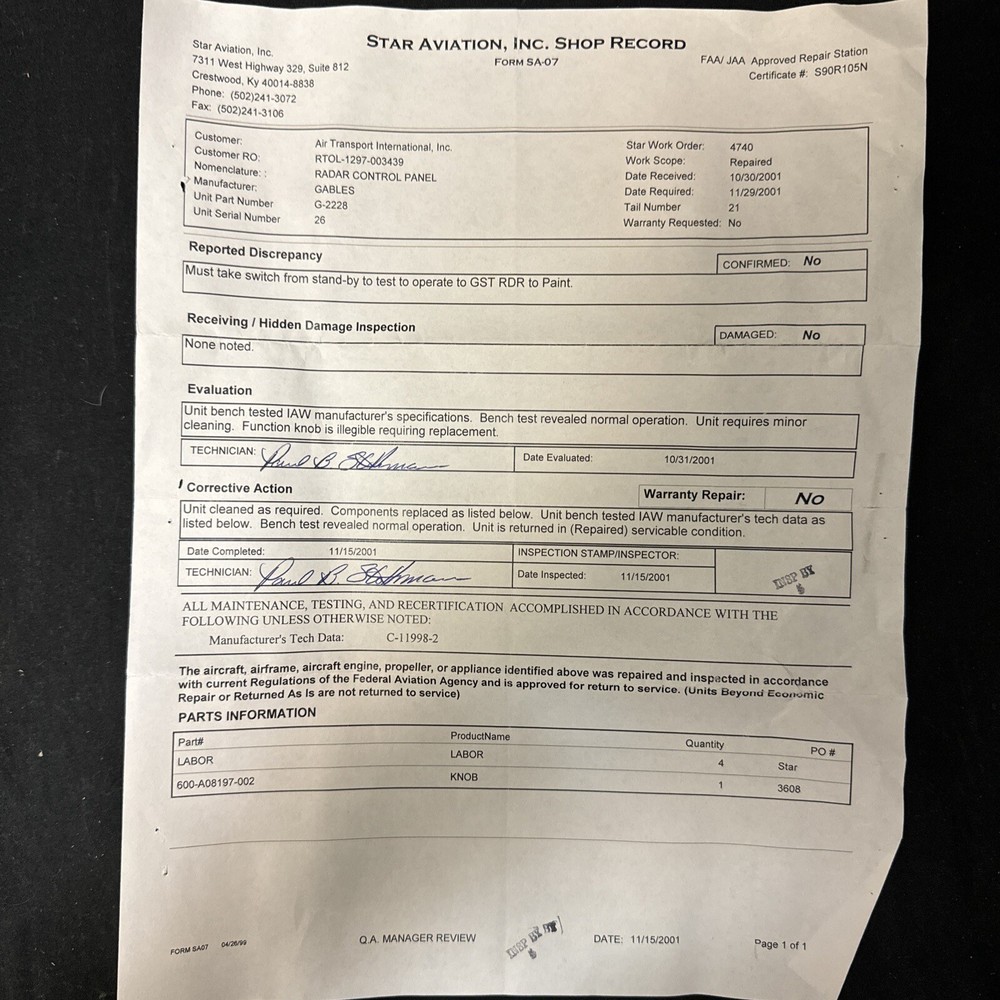 Radar Control Panel; G-2228; 26; REPAIRED