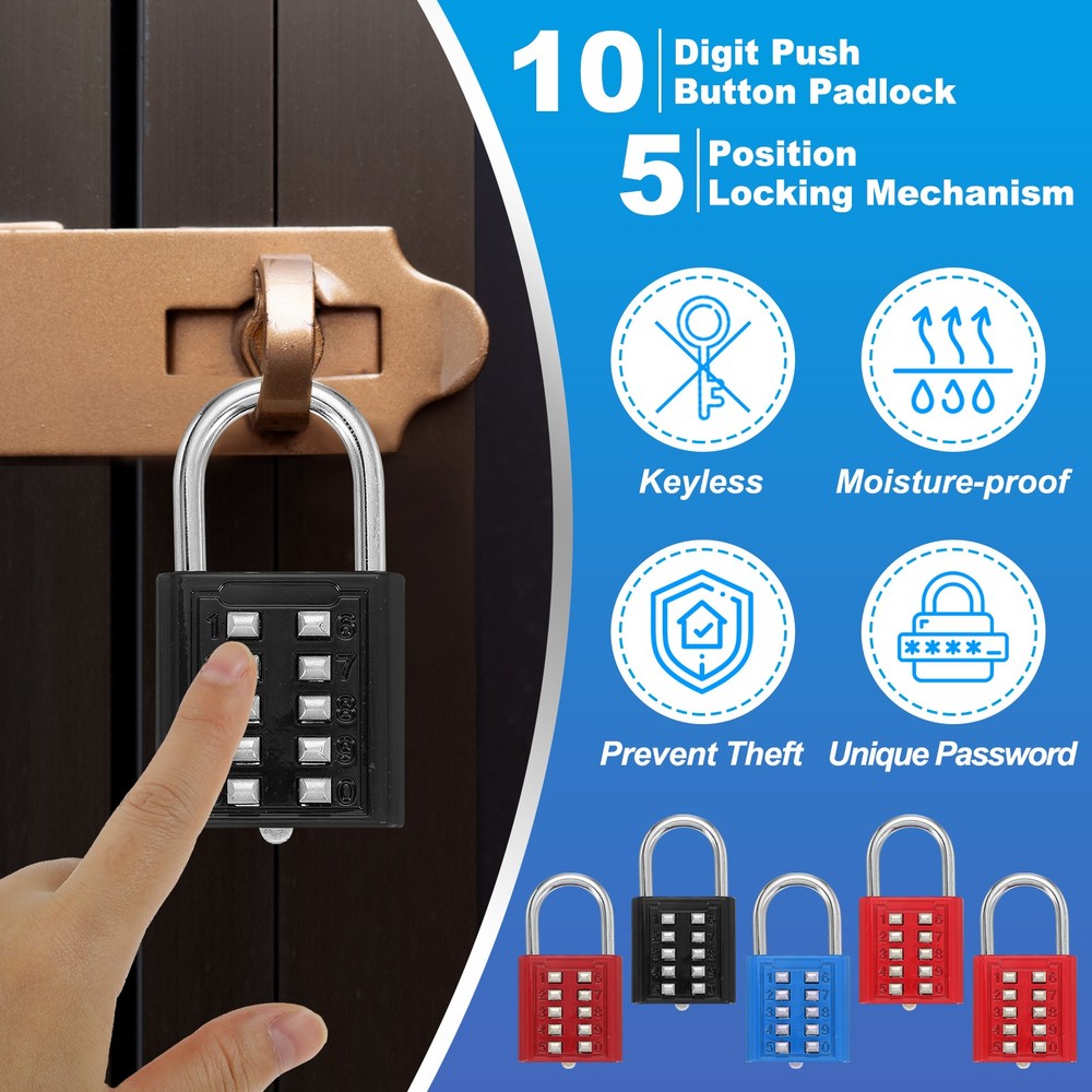 2Pcs Push Button Combination Padlock 10-Digit 5-Position Lock Black