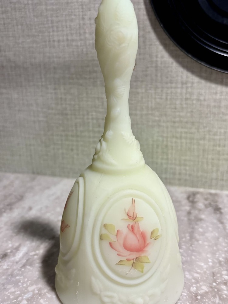 Fenton Hand Painted Uranium Custard Glass Bell Signed Ray C