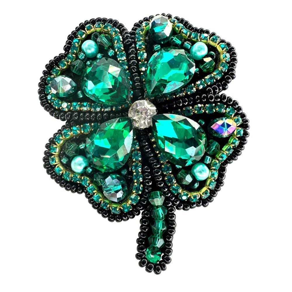 Four Leaf Clover Felt and Glass Rhinestone Brooch