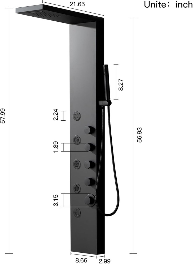 Matte Black Stainless Steel Shower Panel with Rainfall Head & 5 Body Jets