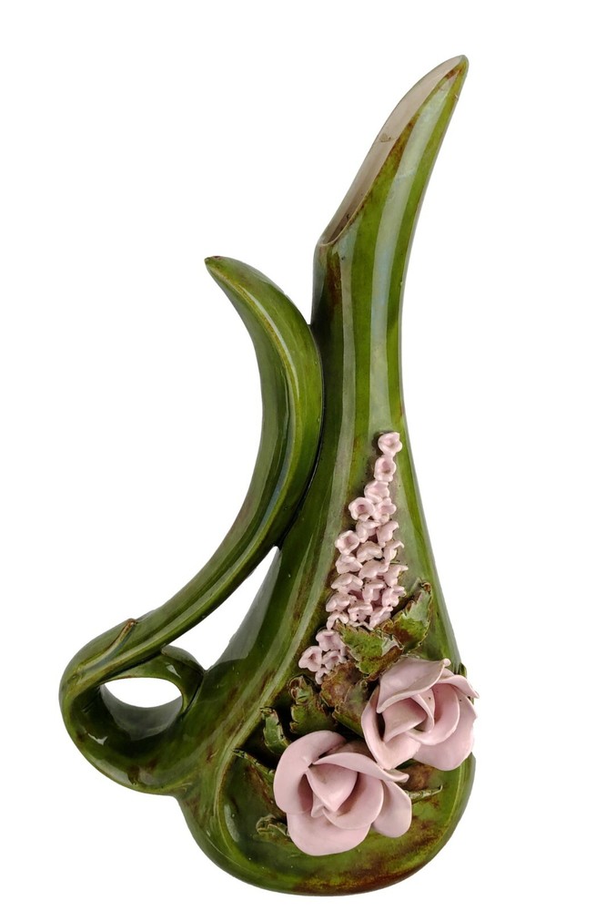 Vtg Ceramic Double Loop Handle Pitcher 12.5" Green w/ Applied Pink Flowers