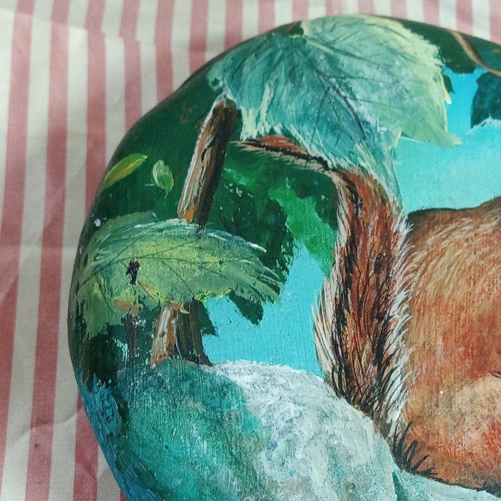 hand painted ROCK SQUIRREL ~5" X 5" COTTAGE CORE SIGNED ARTWORK