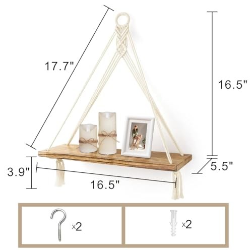 2 Pack Hanging Shelves,Boho Decor Wall Hanging Shelf,Floating Storage White