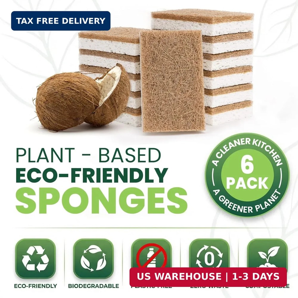 Plant-Based Natural Kitchen Sponges,Biodegradable Non-Scratch Cellulose & Coconu