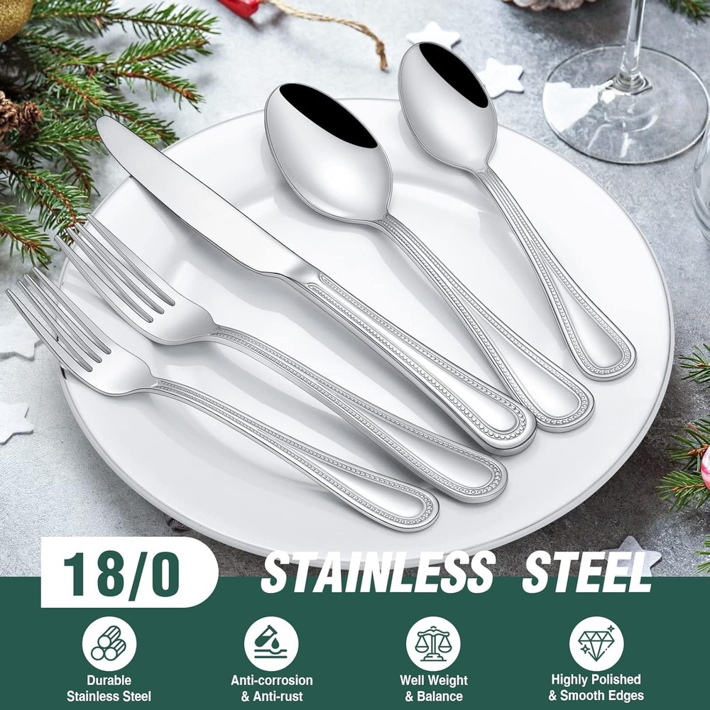 60Pcs Pearled Edge Silverware Set Tablewares Flatware Cutlery Set Service for 12