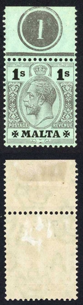 Malta SG81 1/- Black/blue-green white back Plate example M/M