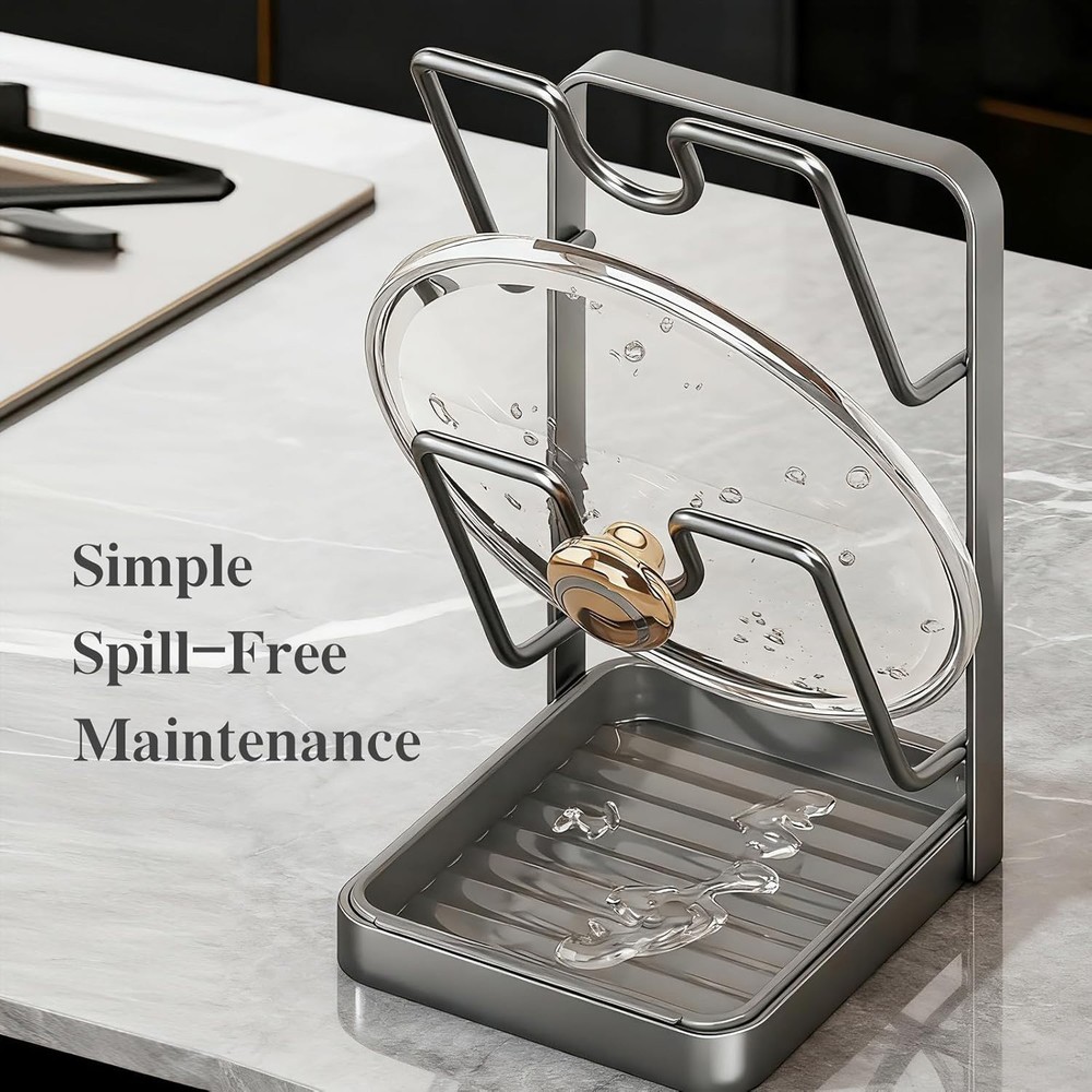 Kitchen Pot Lid Storage Rack Pot Lid Holder While Cooking + Removable Drip Tray