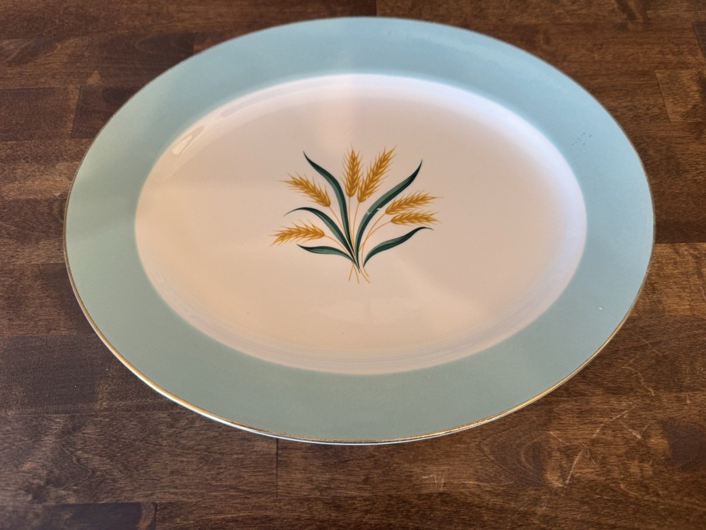 Ceramic Dinner Set Wheat Pattern Blue Rim Shiny Finish Plates Bowls Cups Platter