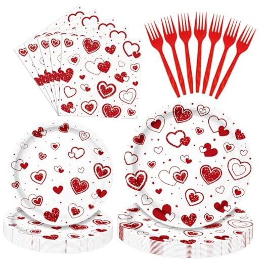 96 Pieces Valentine’s Day Tableware Set – Red Heart Disposable Plates,