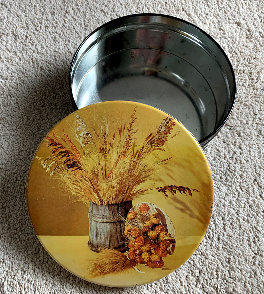 Vintage EMPTY TIN CONTAINER Autumn, Fall, Thanksgiving Round 7”x 2.75"