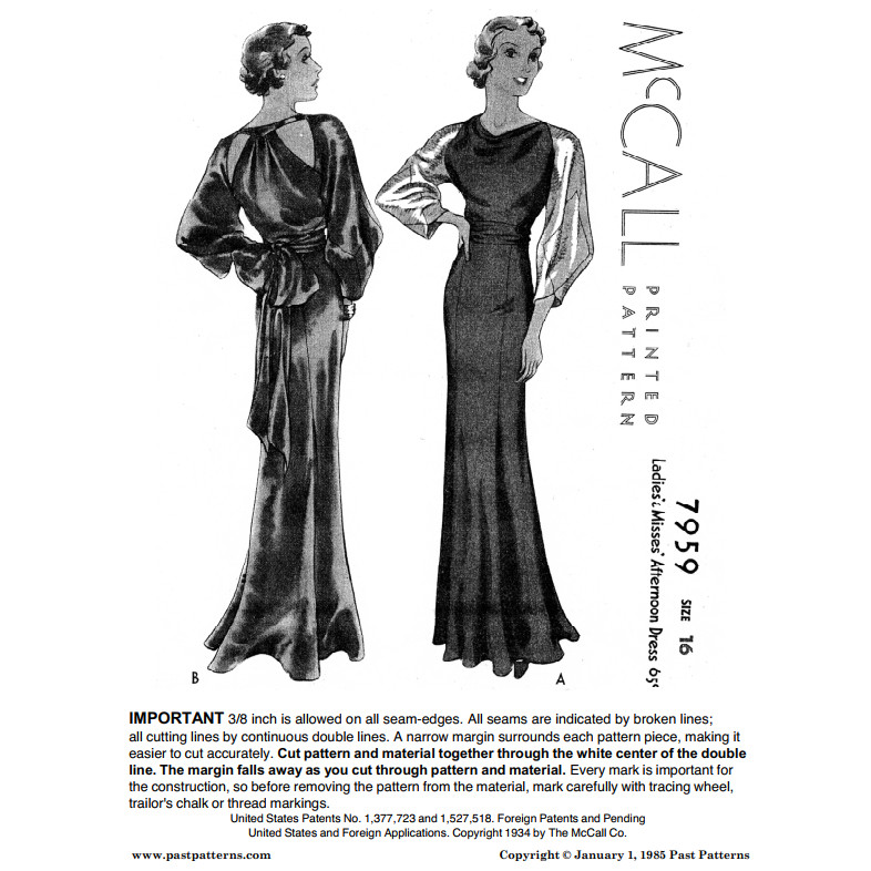 Past Patterns 7959 - Mid 1930s Afternoon Dress Sewing Pattern bust size 34"
