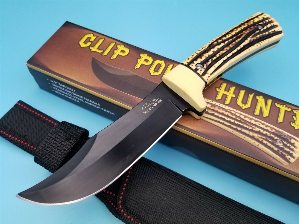 Clip Point Hunter Fixed Blade Knife Nylon Sheath Imitation Stag Handle 5" Blade