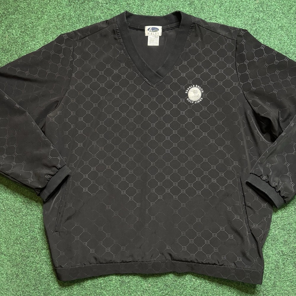 Pebble Beach Golf Links Pullover Windbreaker Jacket Sz Large Black V Neck