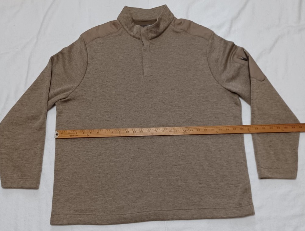 Mens Heathered Tan Tactical Mock Neck Button Pullover with Sleeve Pocket Large