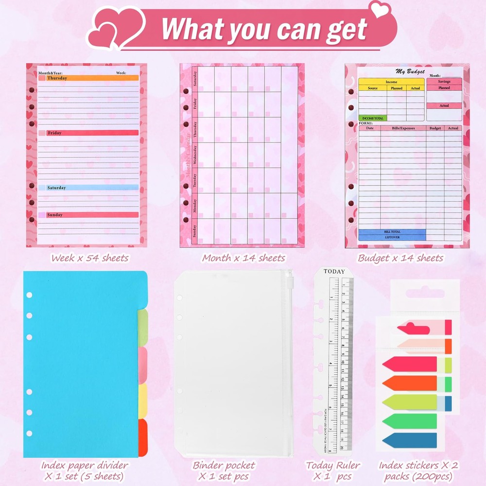 Toplive 7 Pack A5 Planner Inserts Monthly Weekly Refills 7 Pack, Pink