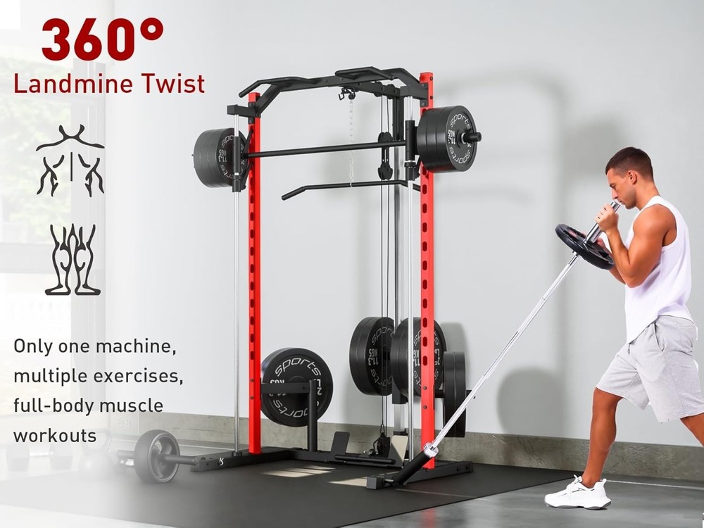 Smith Machine Squat Rack All-in-One Power Rack Cage with LAT-Pull Down System US