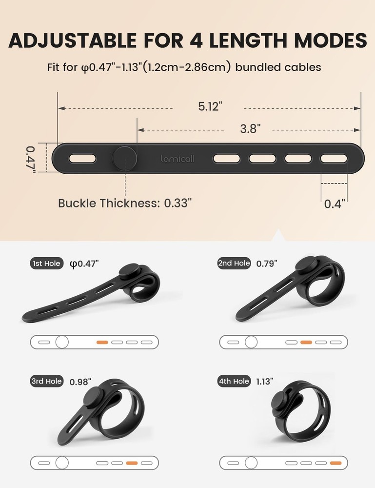 Lamicall 10Pack Silicone Cable Ties Cord Organizer - 10Pack, Classic Black