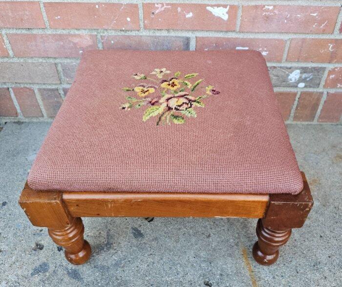 Vintage Footstool Solid Maple Needlepoint Upholstery
