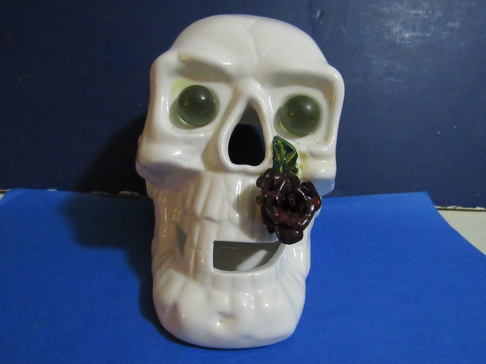 Skull with rose tea light candle holder ceramic