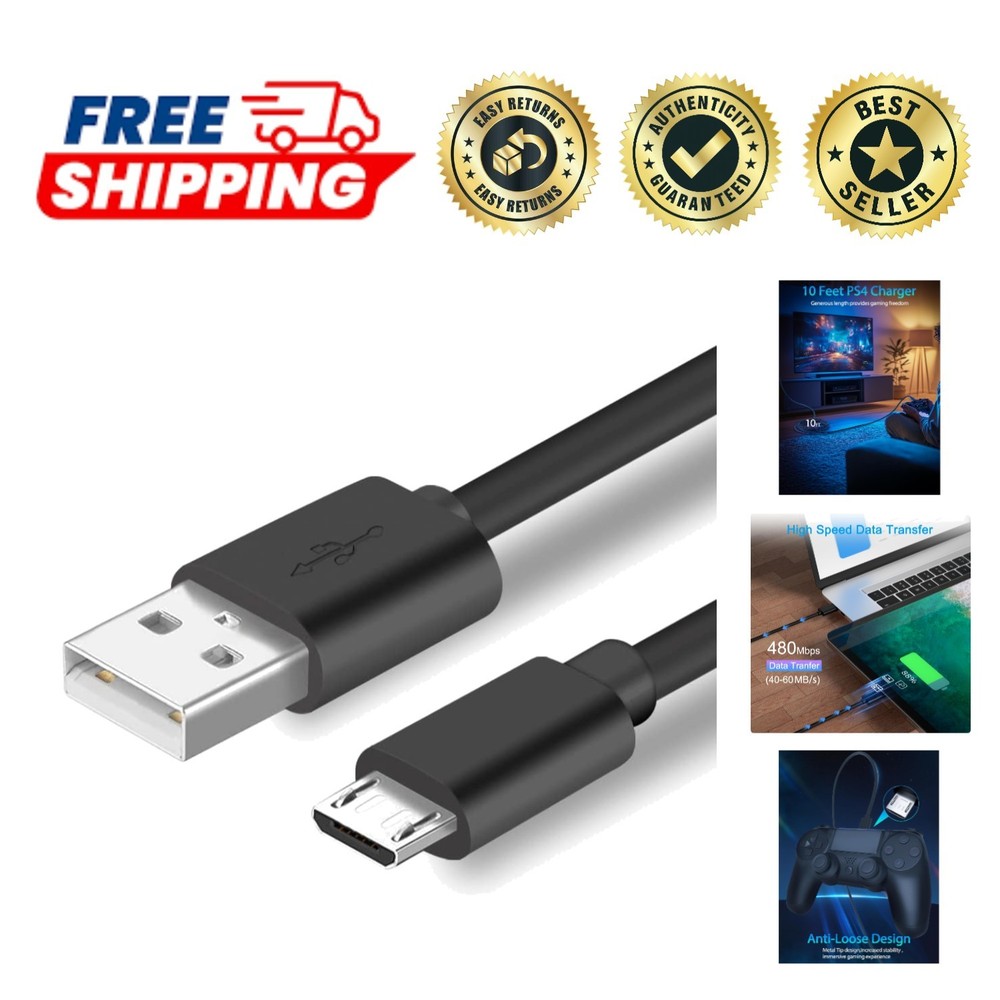 Durable 10FT PS4 Controller Charging Cable for Seamless Gameplay & Fast Charging