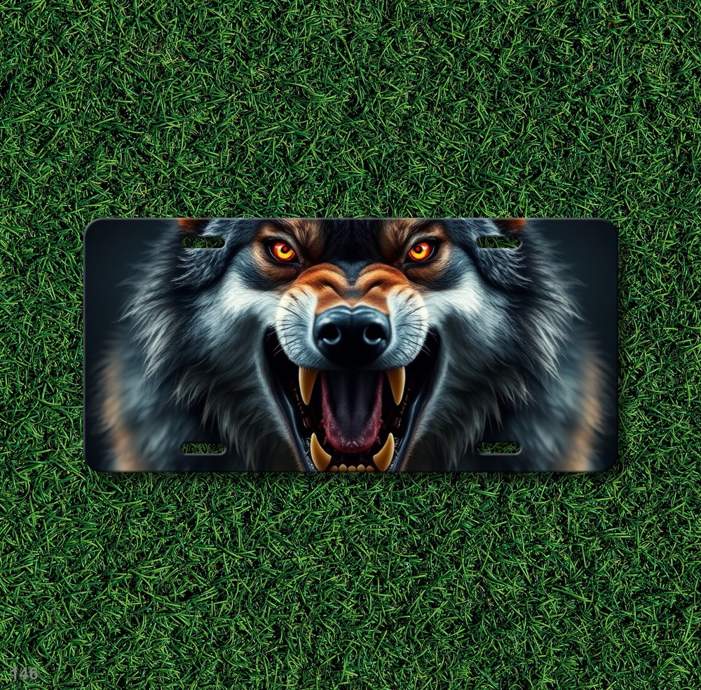 Fierce Wolf License Plate with Sharp Teeth Your Text Front Plate Special Gift