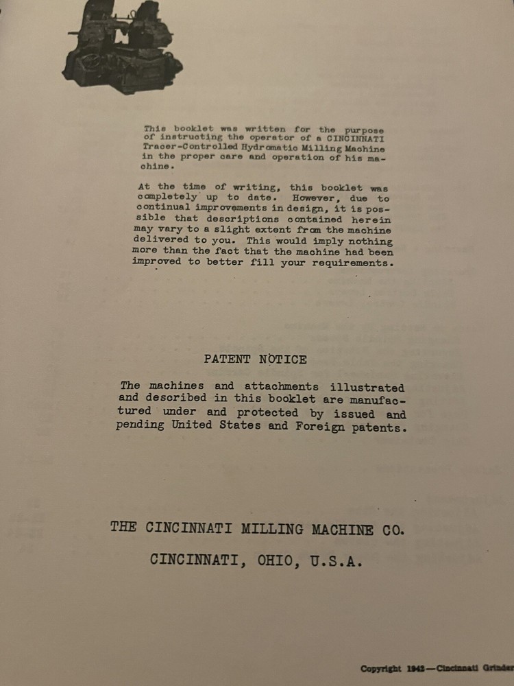 CINCINNATI MILACRON Manual for Tracer Controlled Hydromatic Milling Machine