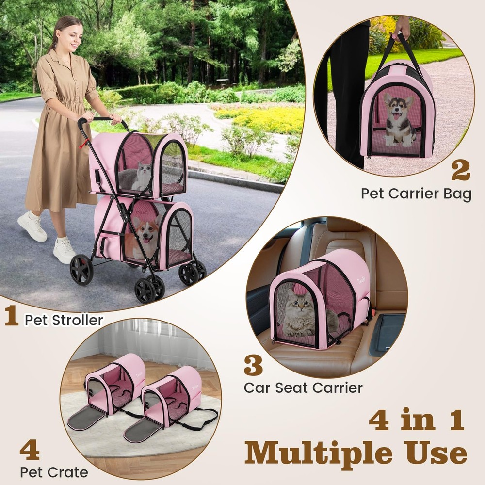 Double Dog Stroller, Foldable Pet Stroller for 2 Dogs & Cats Small Medium Siz...