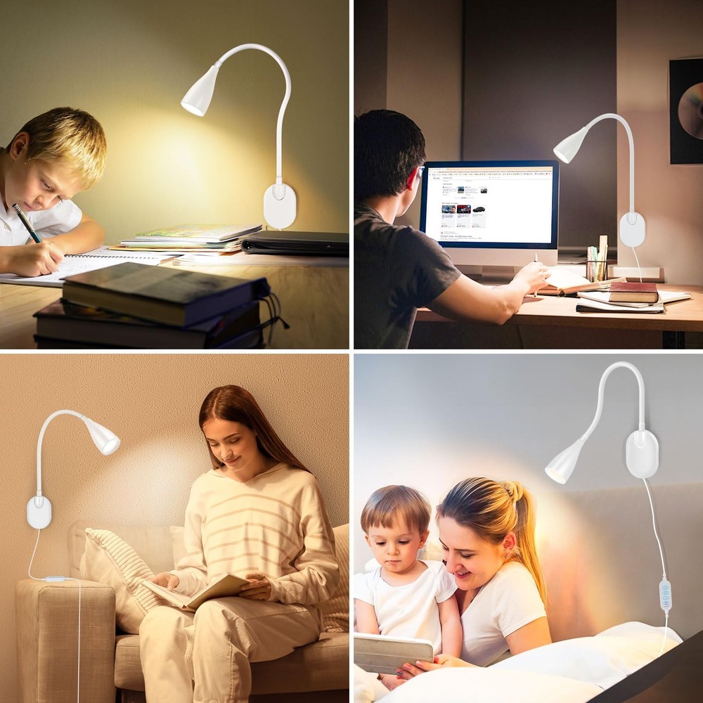 Wall-Mounted LED Bedside Reading Light with USB Charging Port, 10-Level White