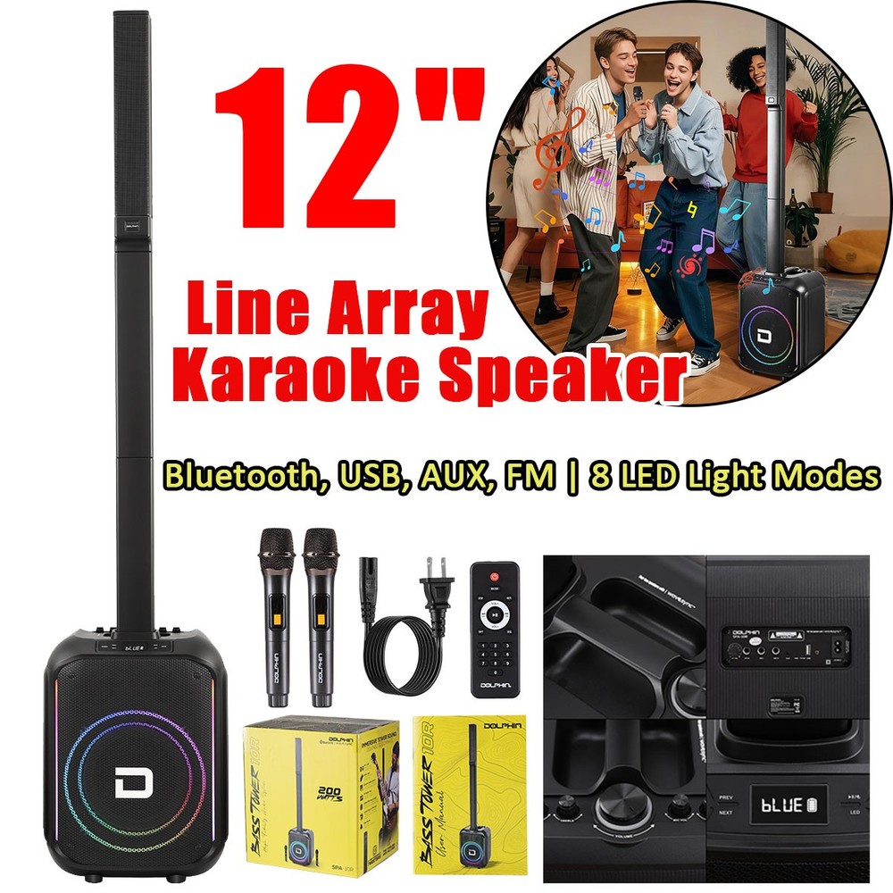 12"Portable Line Array Column PA System Sub Bass Bluetooth Mic Remote LED Lights