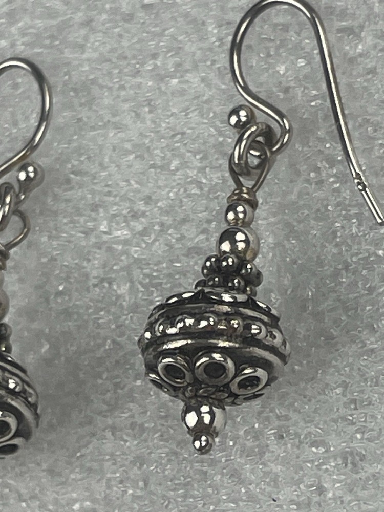 Vtg Sterling Silver Dangle Earrings Granulation Caviar Dot Beaded Hook Drop 4.7g