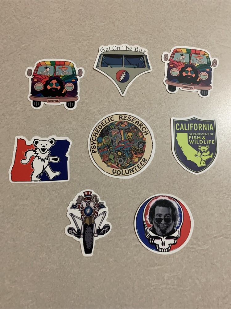 The Grateful Dead stickers. skateboard, computer, notebook, fridge door, etc