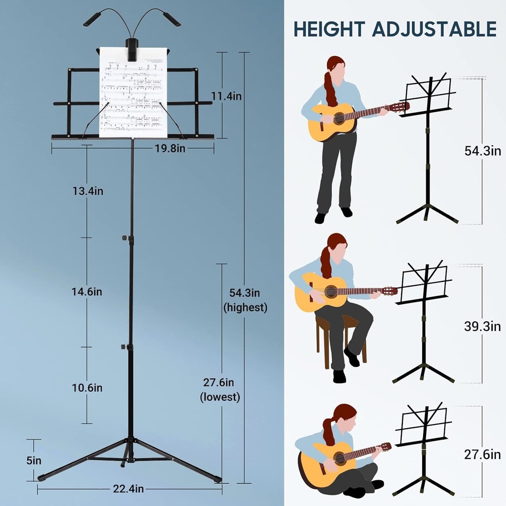Adjustable Folding Sheet Music Stand w/ Light & Book Holder - Portable Durable