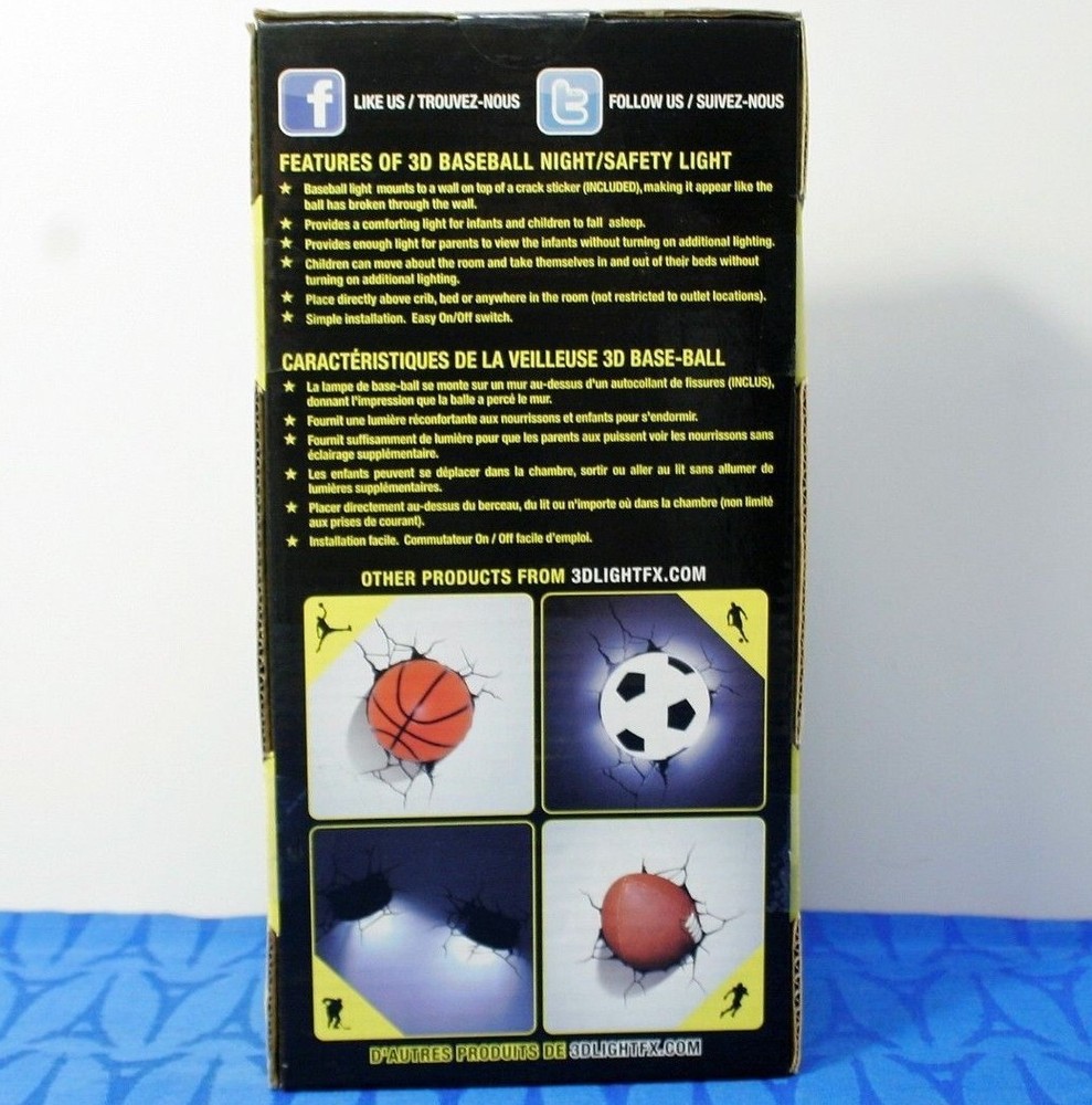 3DlightFX TWO BASEBALLS LED Night Lights w/ 'smashed' wall decals w/ remote NEW!