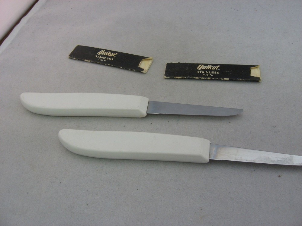 2 Two Vintage White Handle Quikut Kitchen Knives ~ Nice Condition~