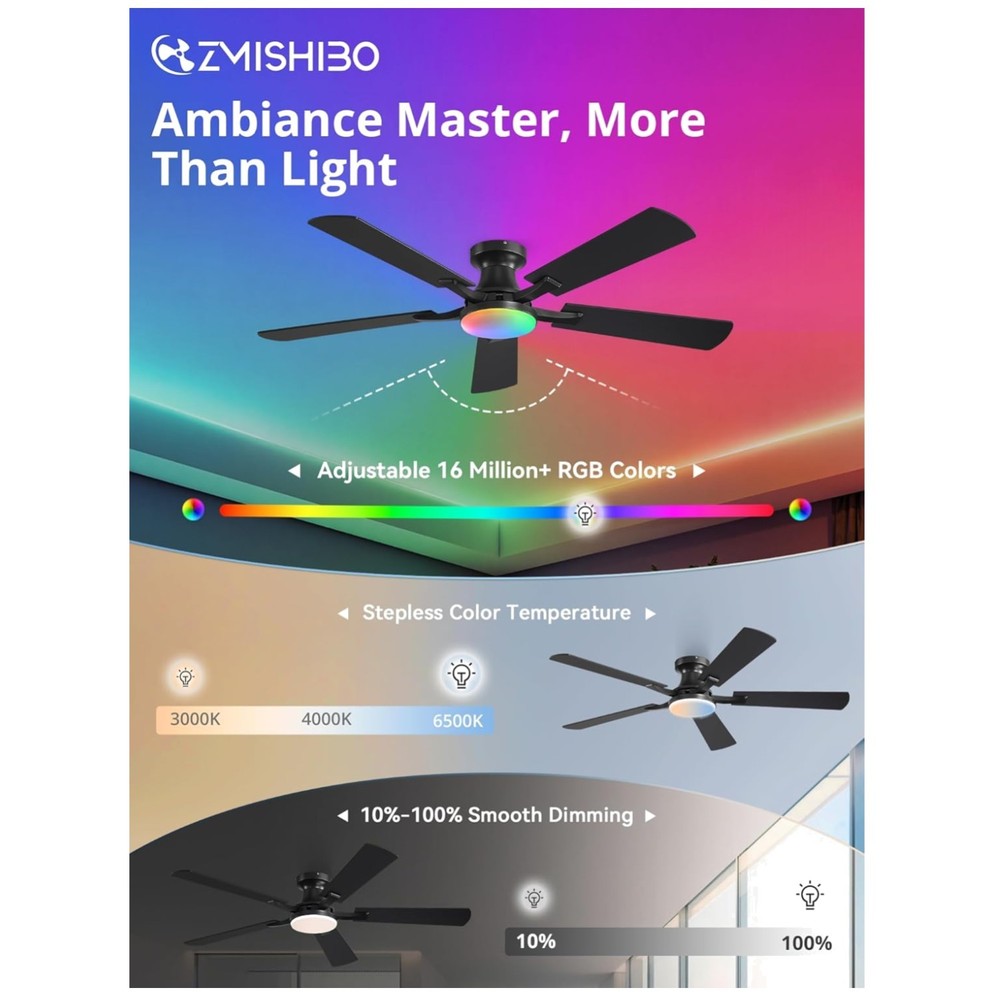 Modern 52" Ceiling Fan - RGB LED Light, Low Profile